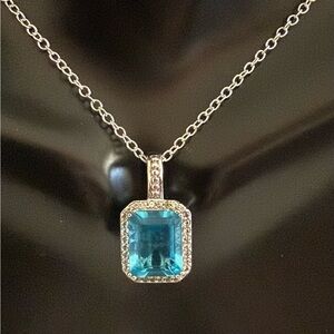 Signed MC Solid Sterling Silver Blue Clear CZ 
Pendant w/ Sterling Silver Plate
